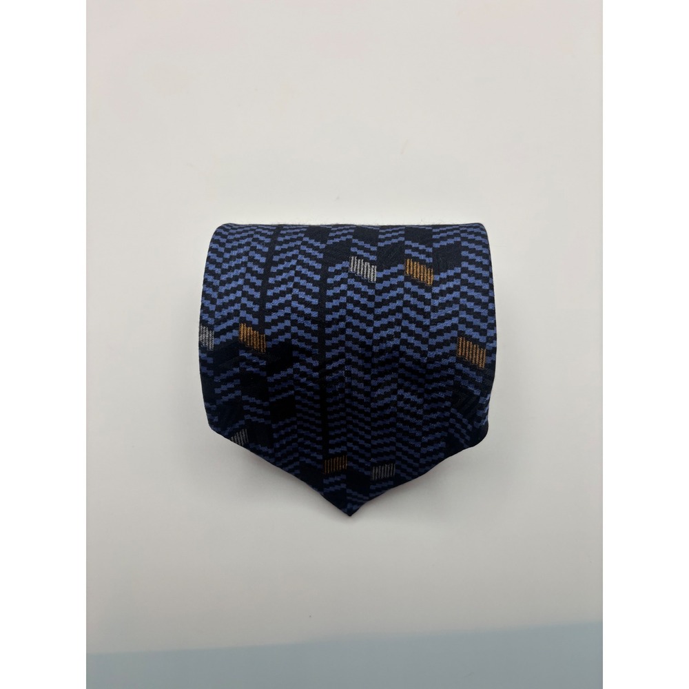 MBP Mens Silk Necktie Blue Black Geometric Zig Zag Pattern USA Made RN 74086
